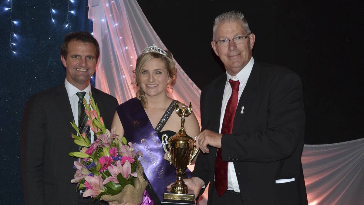 WINNER: Member for Cessnock Clayton Barr with the newly crowned Miss Cessnock City Cassandra Battle and Mayor Cr.  Bob Pynsent. 