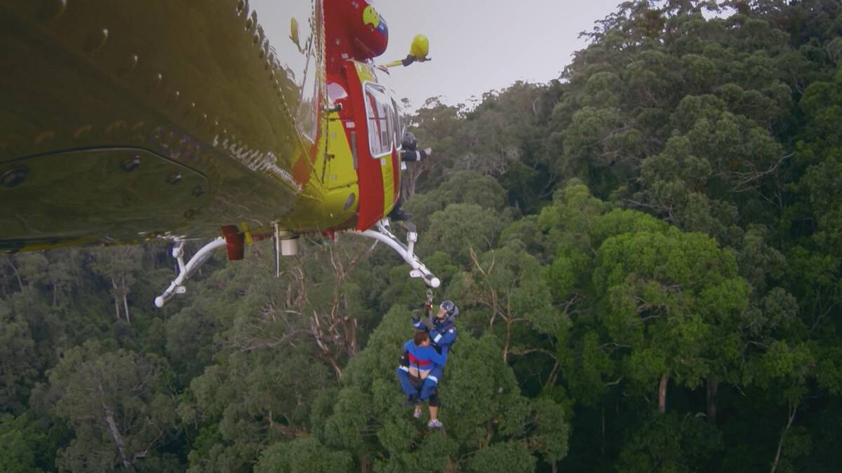 HEROIC: A scene from tonight’s episode of Air Rescue, featuring the rescue of a bushwalker on the Great North Walk that took place earlier this year. 