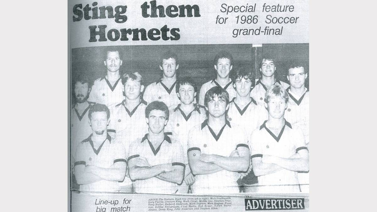 BLAST FROM THE PAST: The 1986 Hornets, as pictured in The Advertiser: Back row (from left to right), Mick Southworth, Gary Fairlie, Graham King, Mark Oliver. Middle row: Stephen Price, Tony Butler, Richard Anderson, Mark Ingram, Mick Hughes
Front row: Robbie Richardson, Paul Marks, Rod Bower, Robert Burns. Absent: Denis King, John Anderson and Stephen Allen. 
