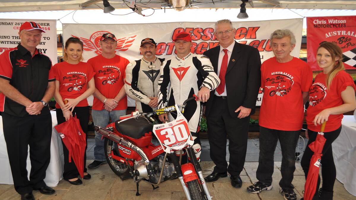 BIG EVENT: Cessnock Motorcycle Club president Dave Robinson,  Shannon Armstrong, event organiser Darren Culley, racers Simon Galloway and Paul Brecht, Cessnock Mayor and event patron Bob Pynsent, official commentator Mark Bracks and Robyn Wilson. 