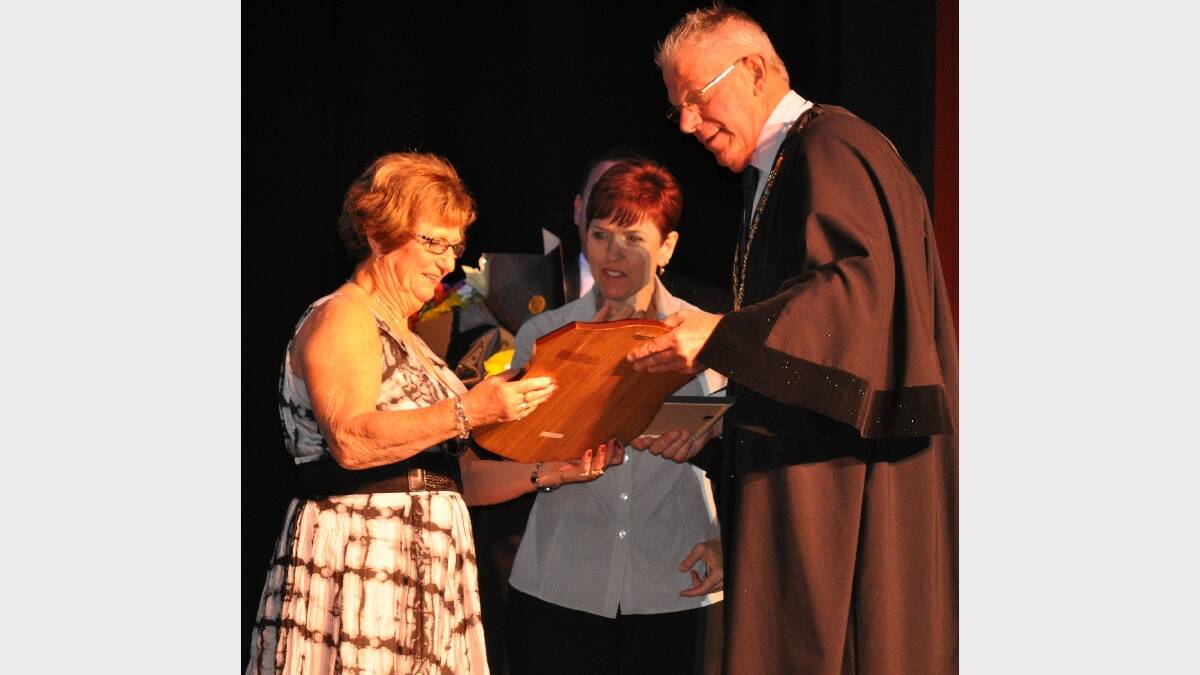 Senior Citizen of the Year winner, Sheila Turnbull, was overwhelmed when she took to the stage to accept her award from Cessnock Mayor Bob Pynsent. 