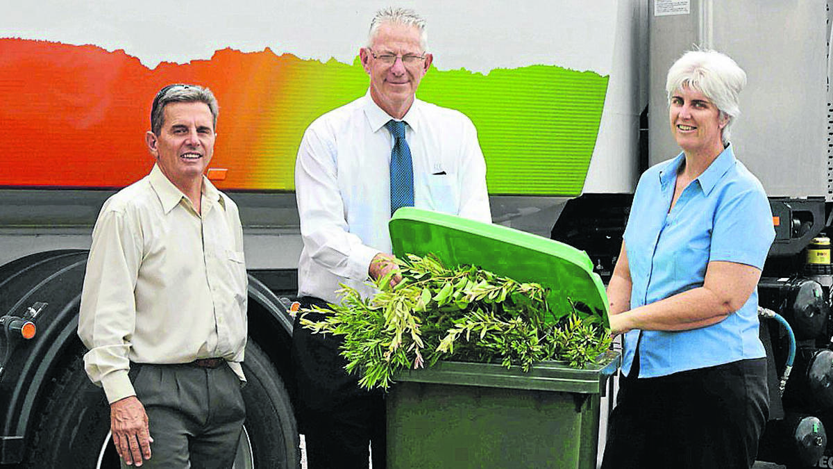 GOING GREEN: Cessnock City Council’s environment and waste manager Michael Alexander, Mayor Bob Pynsent and sustainability officer Tricia Donnelly.

