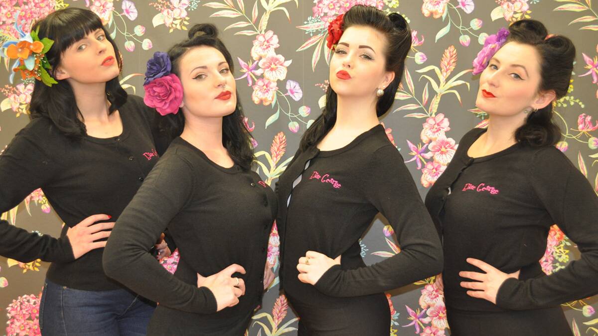POUT: Elsie George Pin-up Models Miss Cilla Snow, Miss Jade De'Vine, Miss Elsie and Miss Riss will be at the 2015 Jungle Juice Race Day at Cessnock Racecourse.