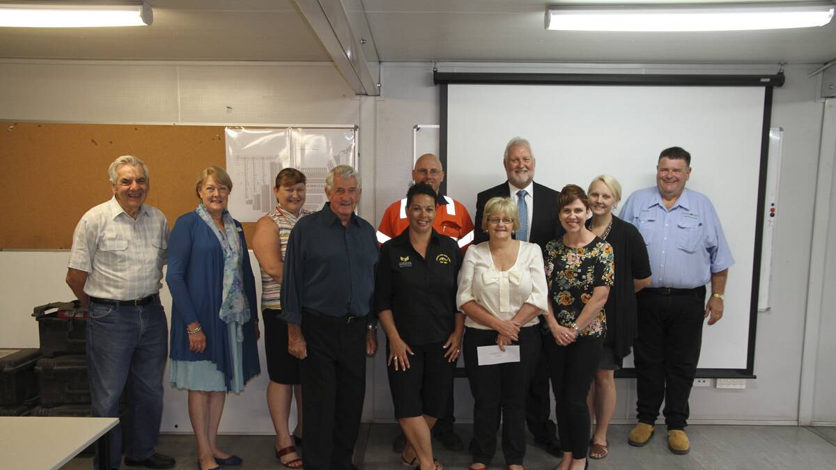 GRATEFUL: Community group representatives Peter Chappell, Helen Janocha, Sharon Troy, Phil Baird, Fiona Wallace with Donaldson Coal’s David Gibson and Jannelle Gallagher, David Wyatt, Samantha Meyn, Rebacca Kelly and Peter West at the recent presentation. 