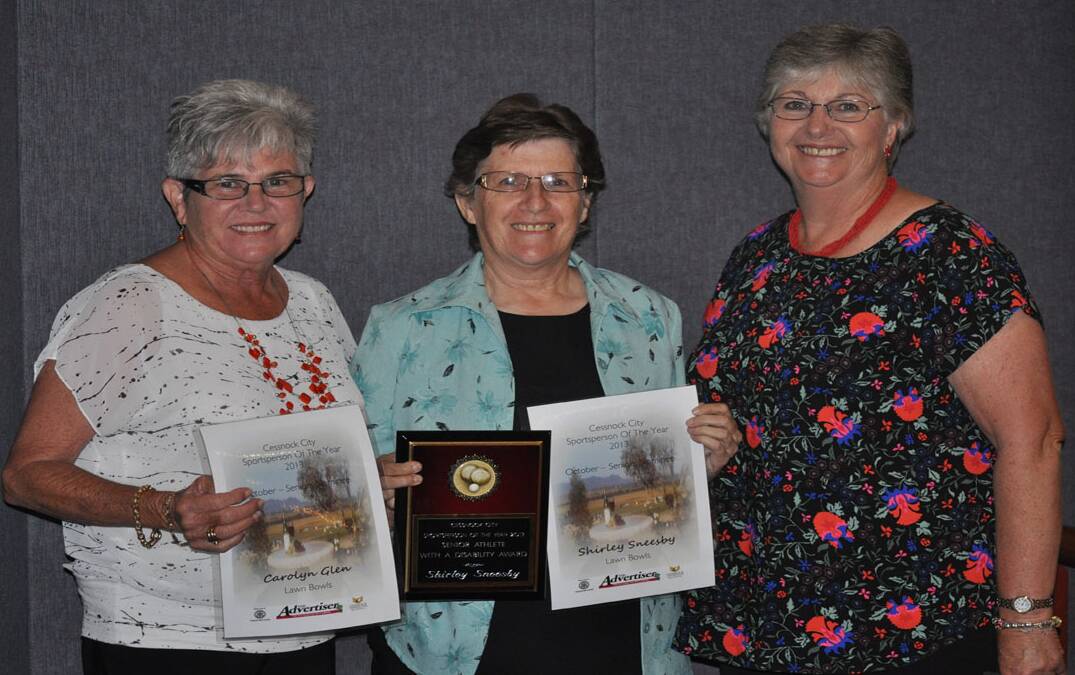 Senior nominees for lawn bowls Carolyn Glen, Shirley Sneesby (winner of senior athlete with a disability) and Marion Crump. 
