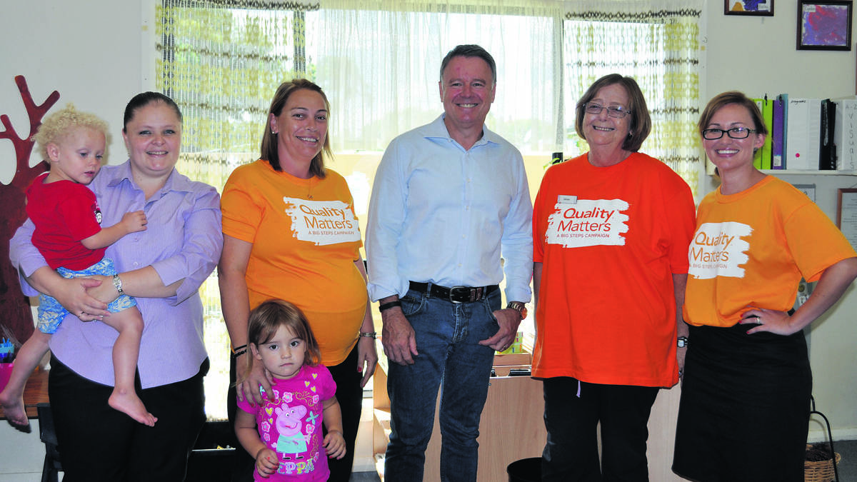 DISCUSSION: Pictured at Goodstart Early Learning, Aidan Campbell, Lucinda Fairfull (parent), Lana Lane (co-educator), Pippa Lane, Joel Fitzgibbon, Denise Stanistreet (co-educator), Kellie Wyld (centre director).