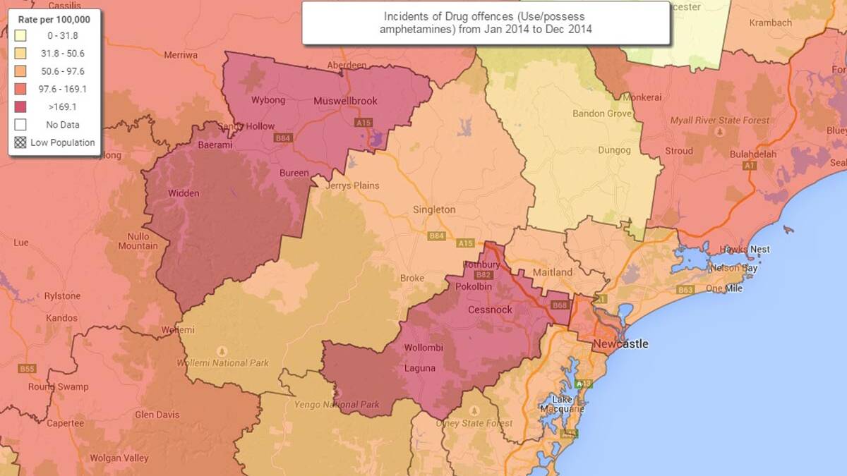 ALARMING: The Bureau of Crime Statistics and Research map shows Cessnock had the second-highest incidence of amphetamine possession and use in the Hunter in 2014.