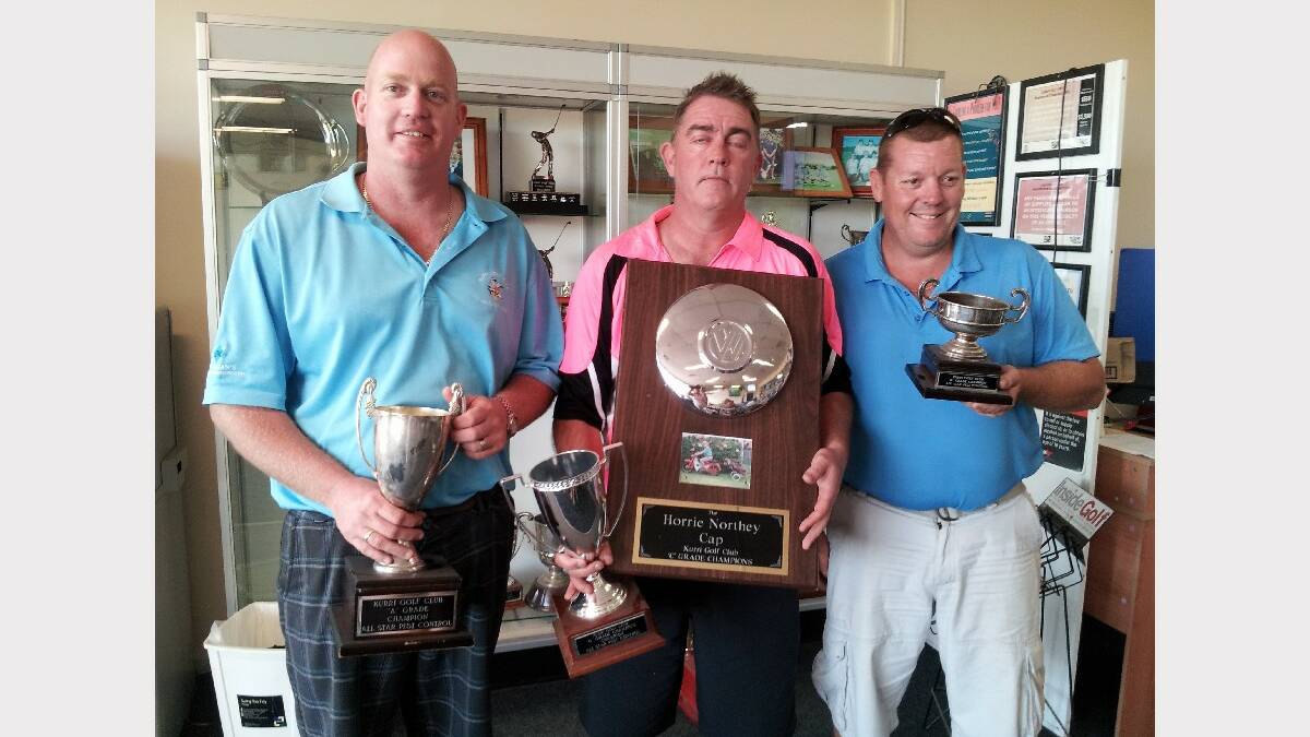 WINNERS:  Kurri Golf Club champions for 2014,  Andrew Wyper (A-grade), Brian Jones (C-grade) and Ben Huckstadt (B-grade). 
