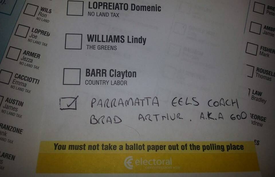 Still celebrating last night's win over competition heavyweights Souths, one Cessnock-based Parramatta fan lodges a vote for coach Brad Arthur. Picture: Supplied