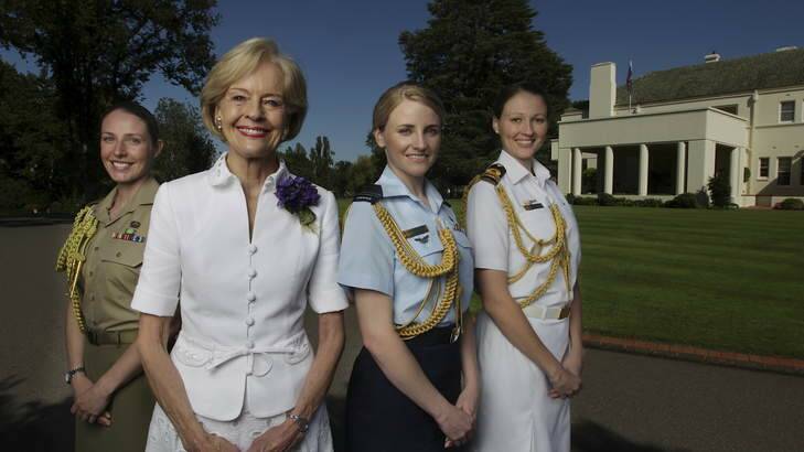 Governor-General Quentin Bryce (2nd from left) with her Aides-de-Camp (from left), Captain Courtney Ames, Flight Lieutenant Casey Byron and Lieutenant Michelle Freeman, at Government House. Photo: Alex Ellinghausen