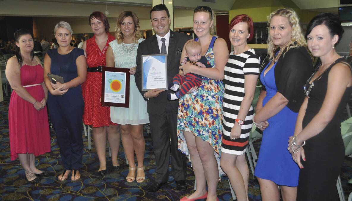 L.J. Hooker Cessnock and Kurri received the environment award for its 3Ps Program and Liveability Specialist staff. Pictured left to right is Crystal Holland, Sarah Thomas, Chloe Dowsett, Mellissa Gibson, Bryce Gibson, Lauren Lewis and son Jackson, Tegan Kleinman, Lisa Frima and Monique Hope. (Absent – Andrew Franklin.)