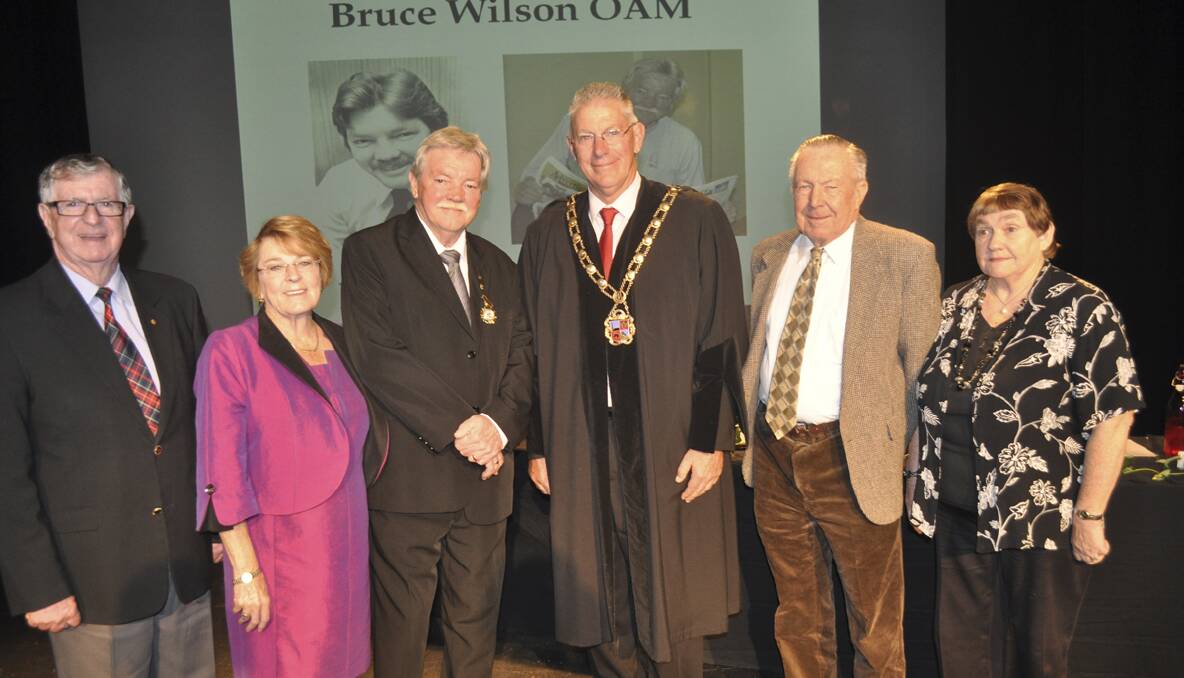 Former Cessnock mayors John Clarence, Maree Callaghan, Freeman of the City Bruce Wilson, current mayor Bob Pynsent, and former mayors Merv Pyne and Alison Davey.