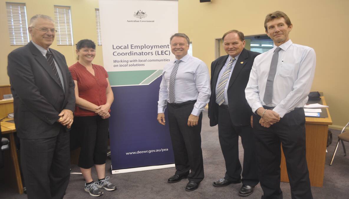 Pictured at the Jobs Drive launch on Monday is Cessnock mayor Bob Pynsent, Razzle Dazzle Ultimate Cleaning owner-director Renae Legge, Hunter MP Joel Fitzgibbon, Maitland mayor Peter Blackmore and local employment co-ordinator Jack Ritchie. 