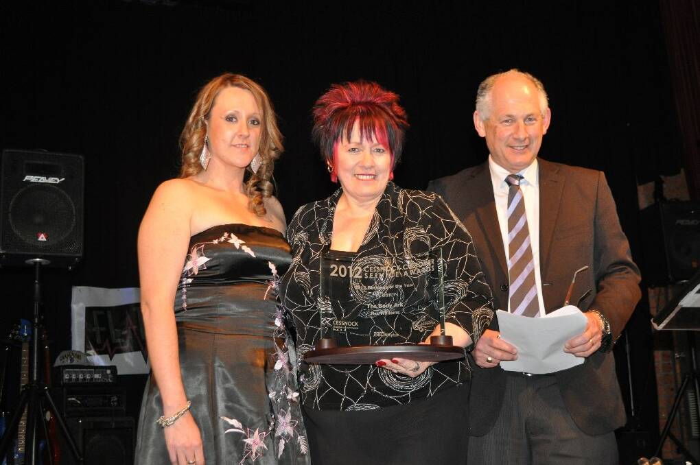 TOP BUSINESS: Joblink Plus Cessnock manager, Rebekah Smith with Roz Williams of The Body Ark and chamber president, Geoff Walker.