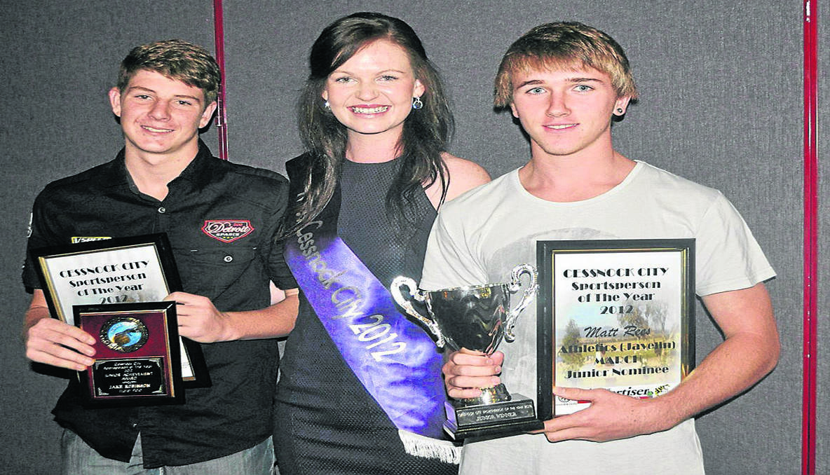 WINNERS ARE GRINNERS: Pictured at Friday night’s Cessnock City Sportsperson of the Year awards ceremony is junior achievement award winner Jake Robinson, Miss Cessnock City Taylah-Jane Turner and junior sportsperson of the year Matt Rees. More photos appear on page 14.