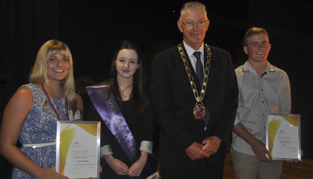 Cessnock’s Young Citizens of the Year Kasey Williams (far left) and Joel Troy (far right) with Miss Cessnock City Allyra Robson and Cessnock mayor Bob Pynsent.