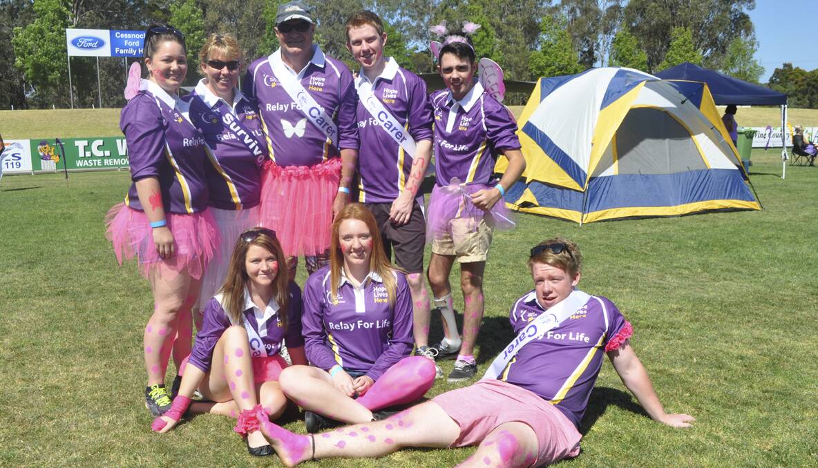 CESSNOCK RELAY FOR LIFE 2013: Butterflies team members (back row) Lucy Jack, Natasha Eslick, Dave Smith, Steven Peace and Cory Clark; and at front, Brittany Peace, Emma Butcher and Mark Peace. Photo: The Advertiser.