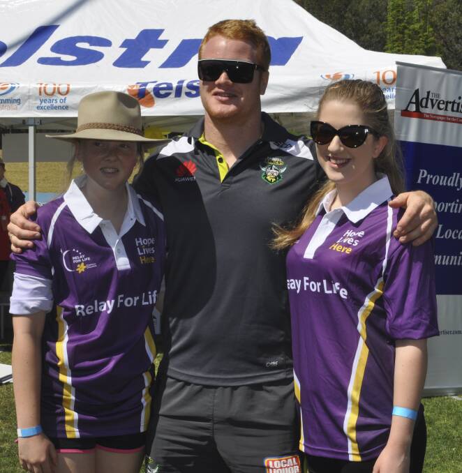 CESSNOCK RELAY FOR LIFE 2013: Joel Edwards with Claire Taylor and Maxine Chapman from Mount View High School. Photo: The Advertiser.