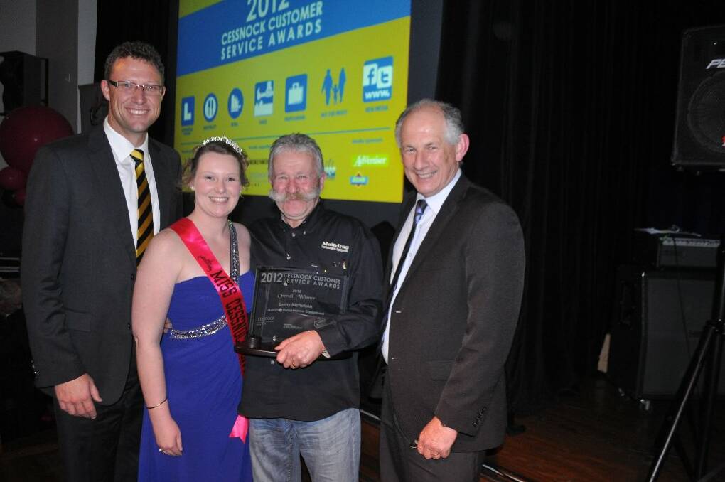 SUCCESS: Supporters Club CEO Paul Cousins, Miss Cessnock City, Hayley Doherty, Lenny Nicholson and chamber president, Geoff Walker.