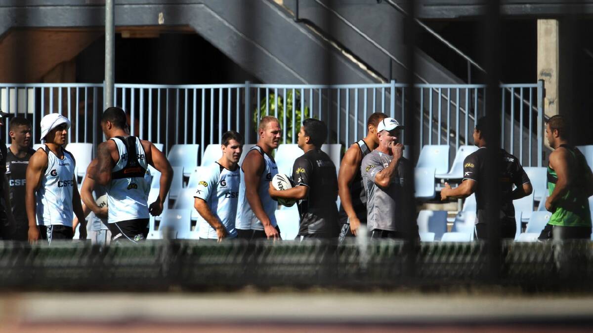 The Cronulla Sharks during a training session on Friday. Picture: John Veage