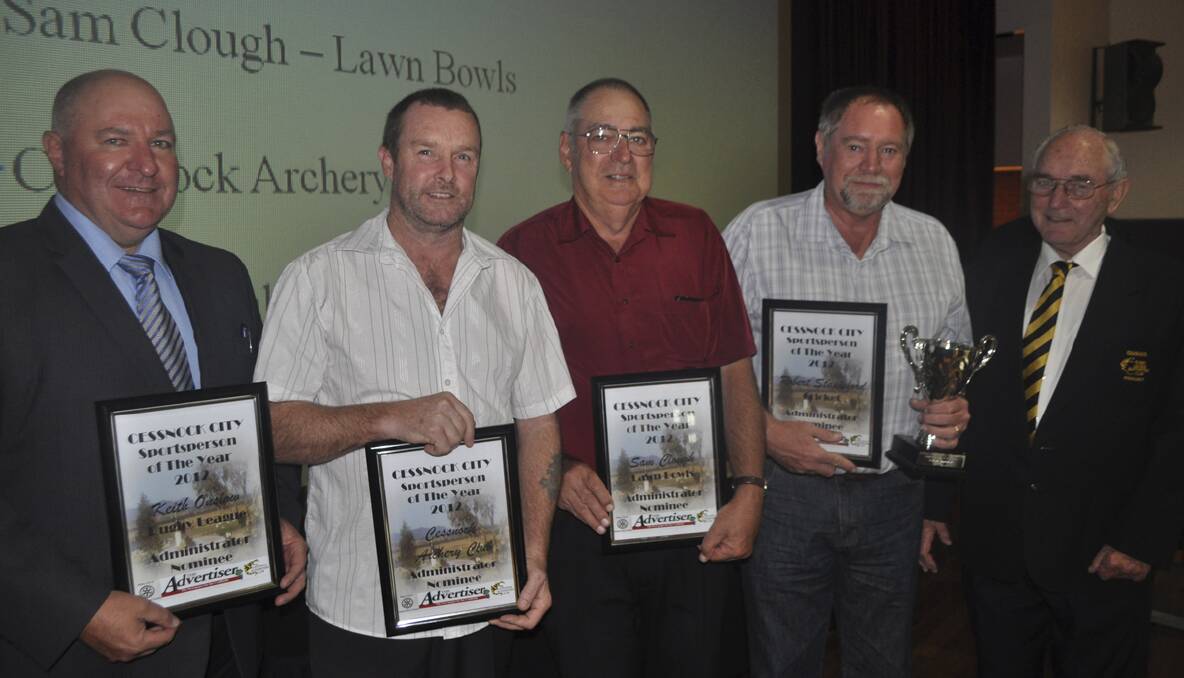 Administrator of the Year nominees Keith Onslow (rugby league), Steve Musgrove (Cessnock Archers), Sam Clough (lawn bowls) and winner Robert Stapleford (cricket) with Cessnock Rugby League Supporters Club president Ray Nickerson. 