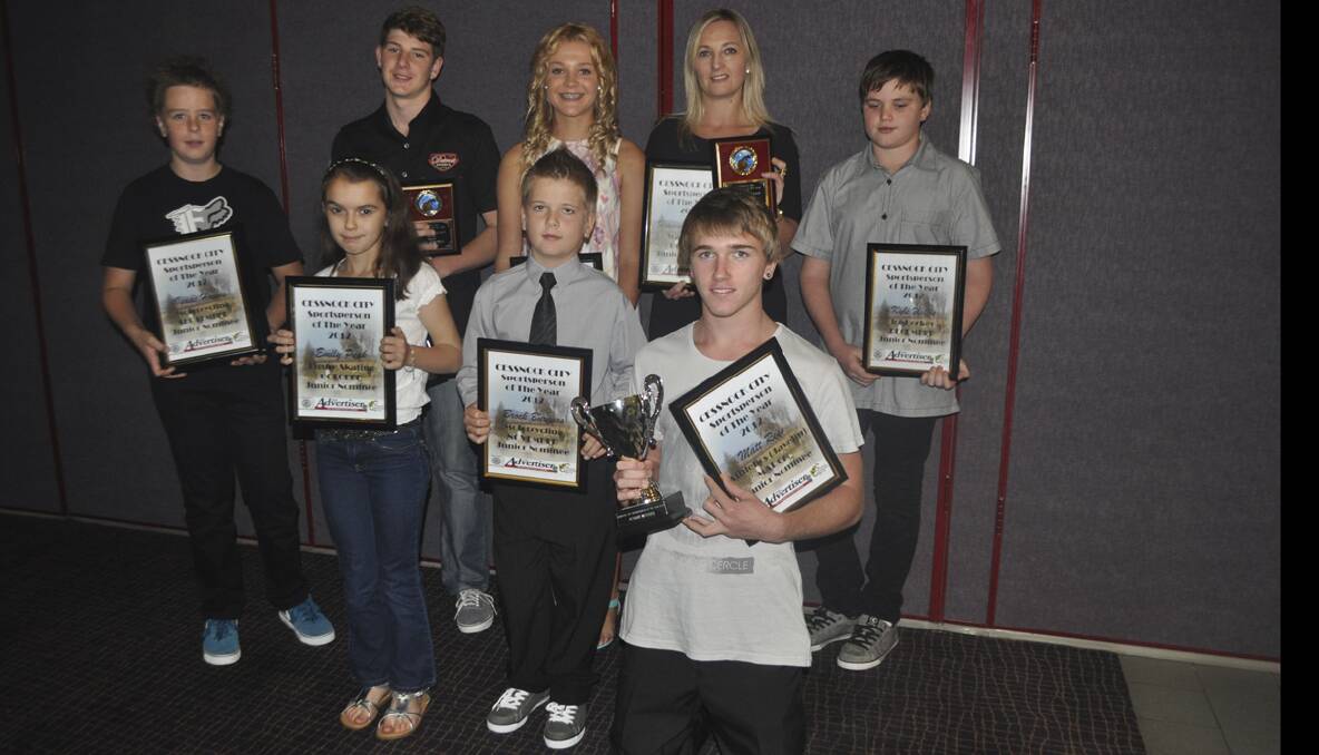 Junior finalists (back row) Isaac Hawes, Jake Robinson, Sophie O'Brien, Kylie Phillips (mother of Hannah and Brady), Kyle Willis, and at front, Emily Peak, Brock Burgess and winner Matt Rees. 