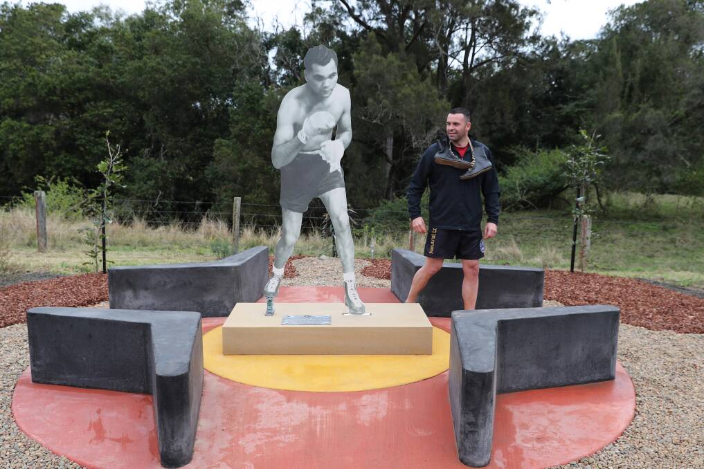 Chad Ritchie at the new memorial near Dungog for his grandfather, Indigenous boxer Dave Sands, on the 70th anniversary of his death. Pictures: Peter Lorimer