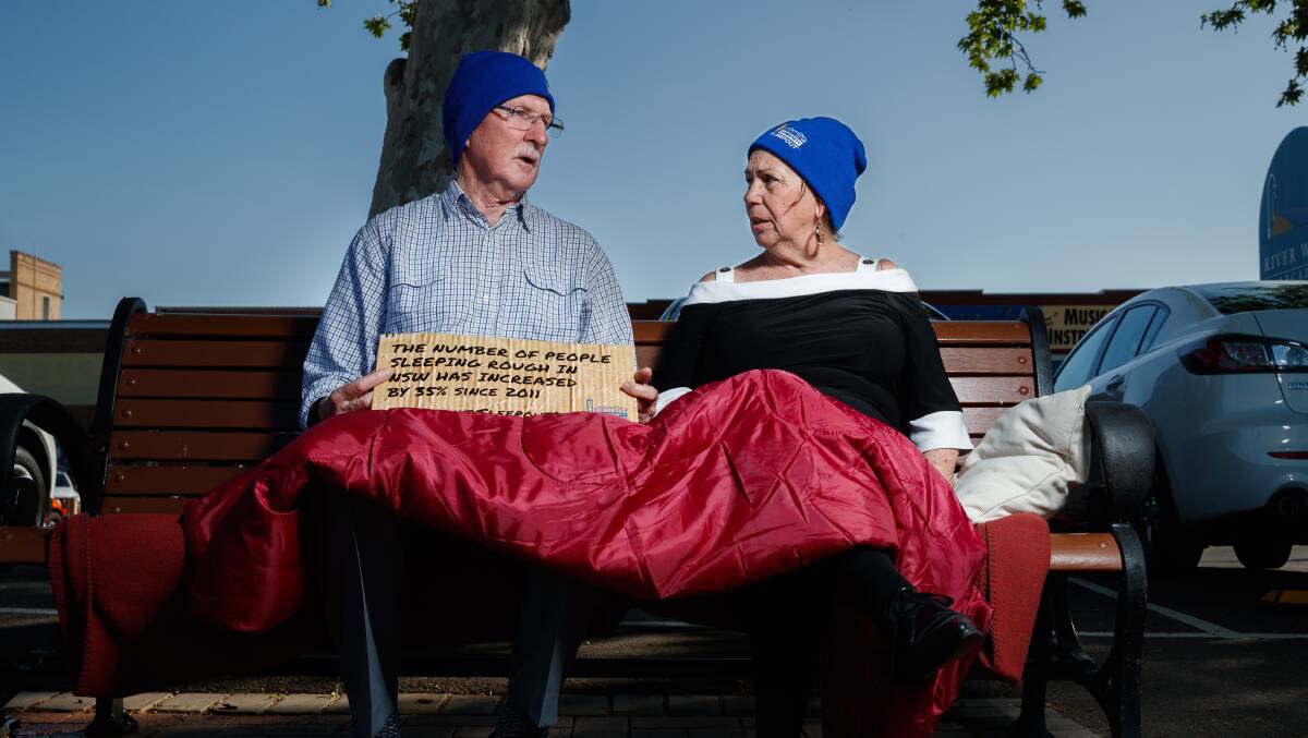 BRAVE THE COLD: Michael Healy, regional president of St Vincent De Paul in the Lower Hunter, and councillor Loretta Baker getting set for the community sleepout in 2020. Picture: Max Mason-Hubers.