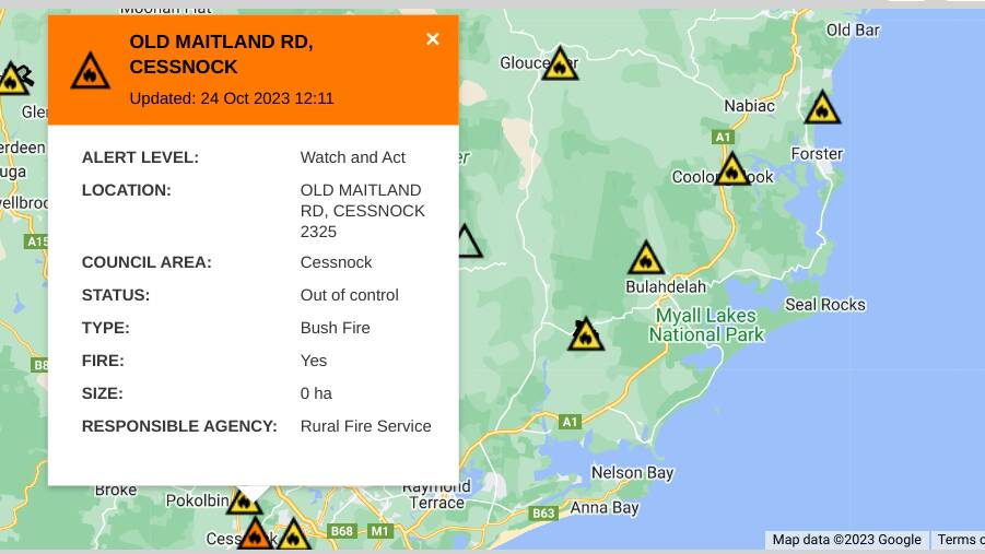 A fire on Old Maitland Road, Cessnock is at the watch and act level. Picture Rural Fire Service