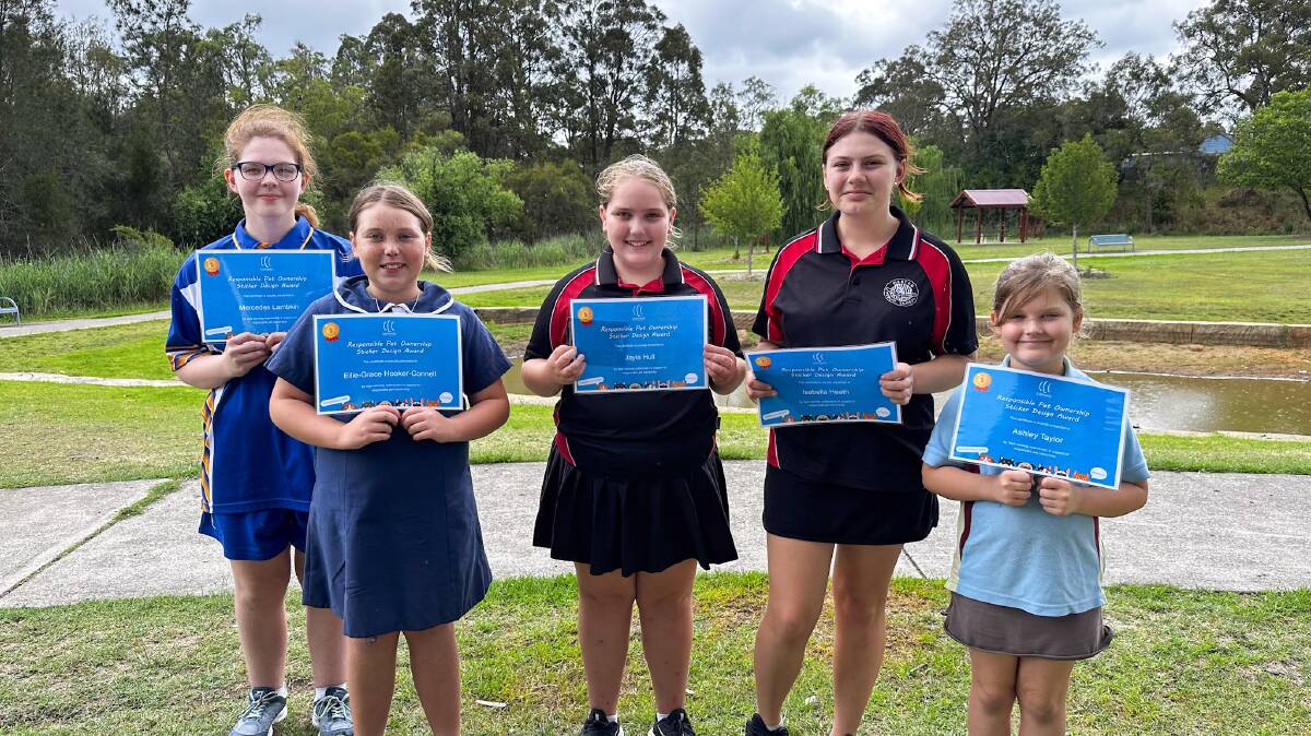 Winners of the student sticker design competition, Mercedes Lambkin, Ellie-Grace Hooker-Connell, Jayla Hull, Isabella Heath and Ashley Taylor. 