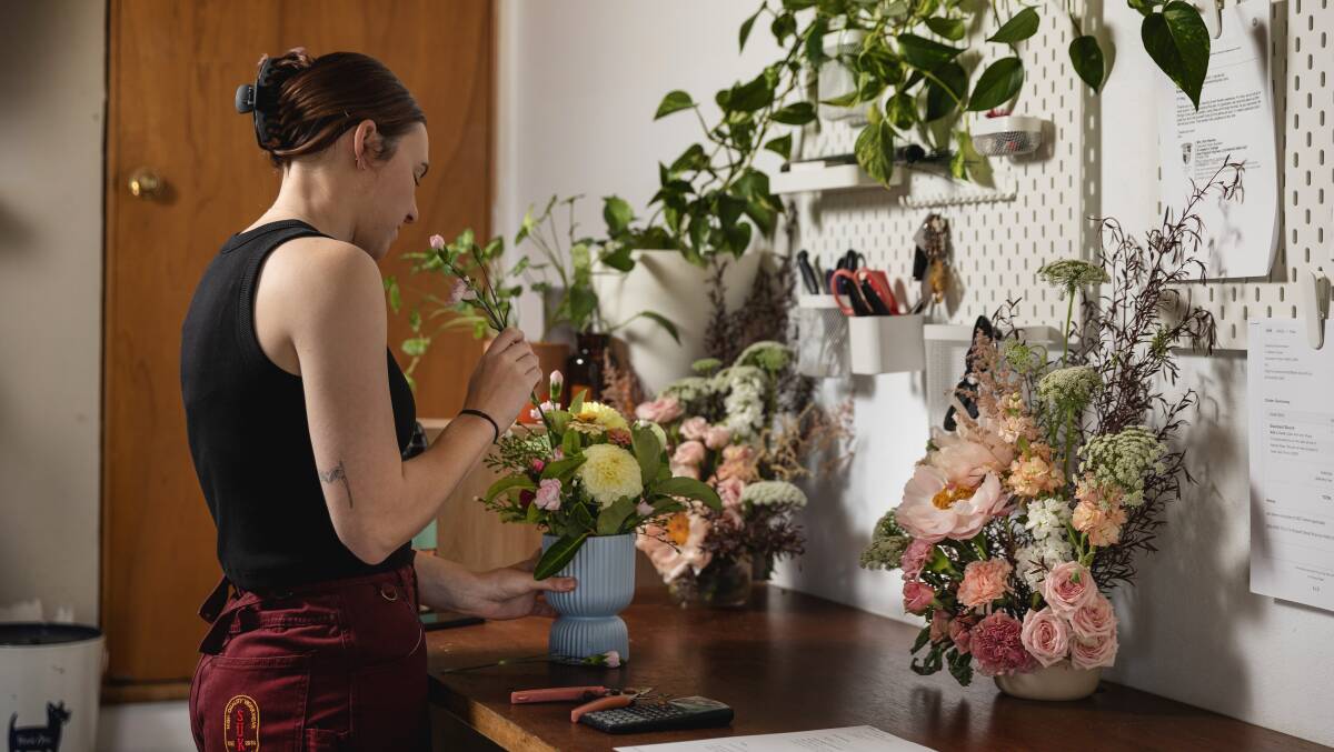 Meg has transformed the shed at her home in Branxton into a floristry workshop. Picture by Marina Neil. 