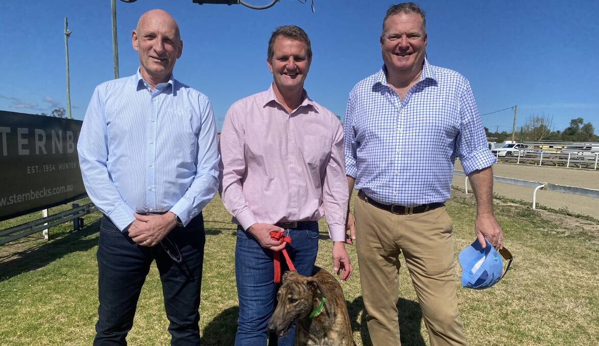 From left, GRNSW Director Kevin Gordon, local MP Clayton Barr and GRNSW CEO Rob Macaulay at Cessnock trials on Sunday. Picture supplied