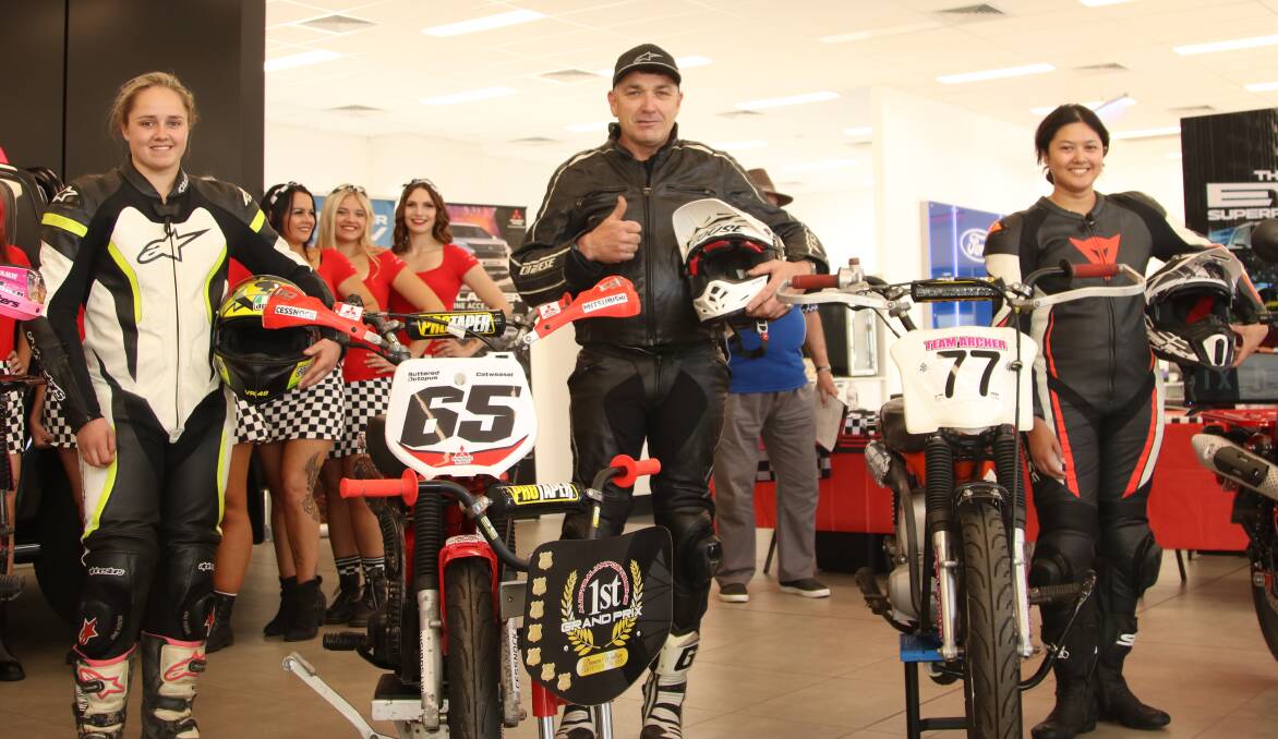 Competitors Ainsley Childs, Jason Gunther and Seraphine O'Brien at the Australian Postie Grand Prix media event at Cessnock Mitsubishi on Saturday, October 21. Picture by Ben Carr