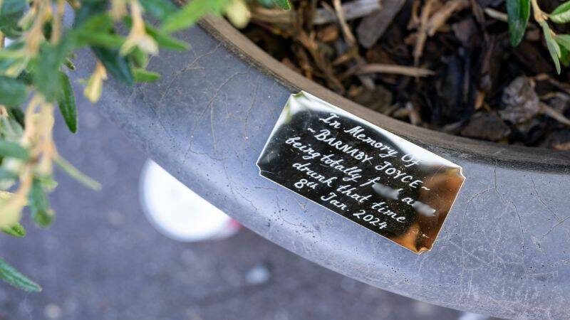 The plaque added to the Braddon planter box where Mr Joyce was filmed lying on the ground on February 7. Picture by Elesa Kurtz