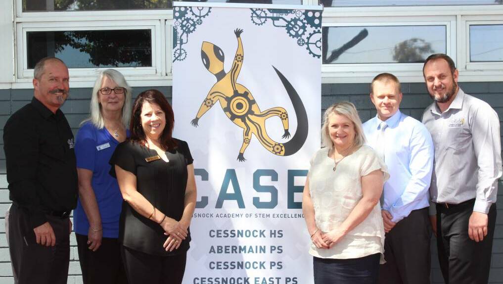 Principals Chris Bice (Cessnock High), Debbie Bower (Abermain PS), Cathy Vogt (Kitchener), Kim Sweeny (Cessnock East), Steve Morgan (Cessnock) and Dr Scott Sleap at the Cessnock Academy of Stem Excellence which has been nominated for an award. 