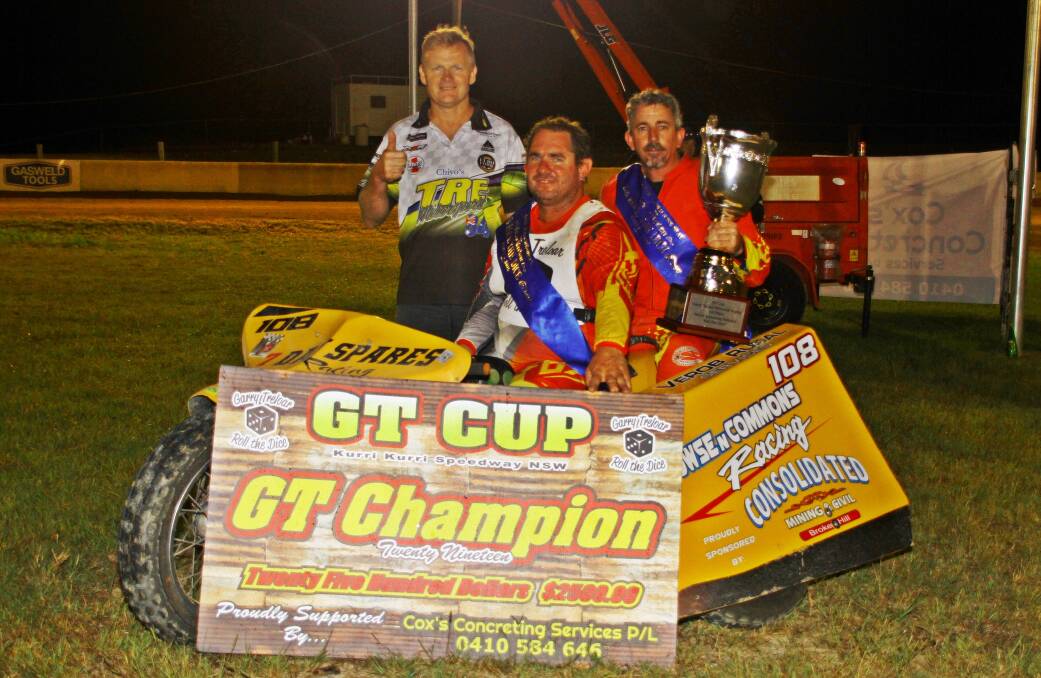 Aussie speedway sidecar legend Darrin Trelor after presenting the Gary Treloar Cup and winner's cheque to Rick Howes and Adam Commons. Picture: Paul Galloway