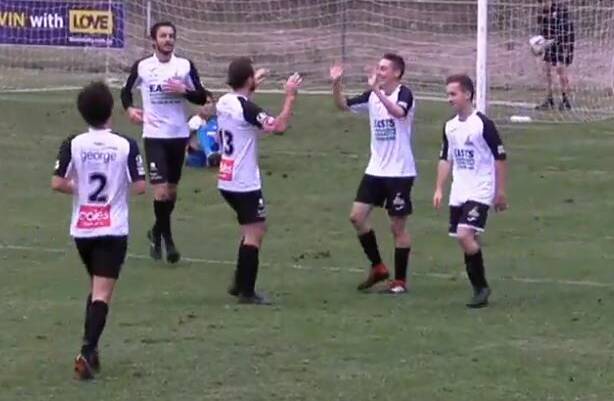 SEALER: Magpies players rush into celebrate Louis Townsend's 92 nd minute goal. Picture: BarTV still