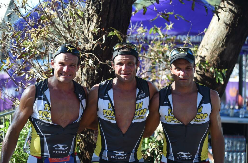 The Russell triplets Ben (left), Jake (centre) and Sam qualified within seconds of each other for international Ironman and triathlon events in Utah and Dubai. Picture supplied.