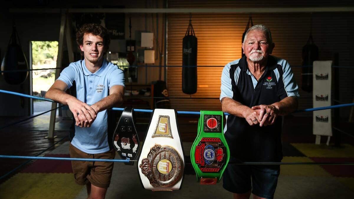 Highly talented youngster Jake Collins-Doherty, pictured with his trainer Neville Short, has won gold at the Australian Amateur Boxing League titles in Hobart  Picture Marina Neil.