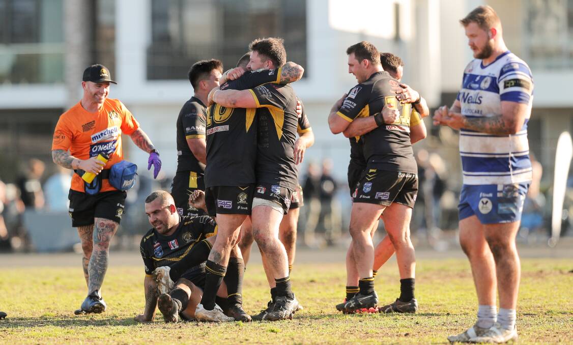 Cessnock players celebrate their win after full time in the sudden death minor semi-final against Central Newcastle on Sunday at Townson Oval. Picture by Max Mason-Hubers