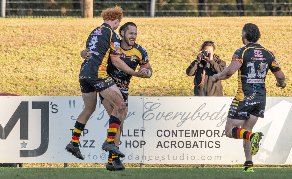 TRY: Wyatt Shaw is congratulated by teammates after he scores a try during Cessnock's 32-10 win against Central Newcastle. Picture: Lindsay Vagg