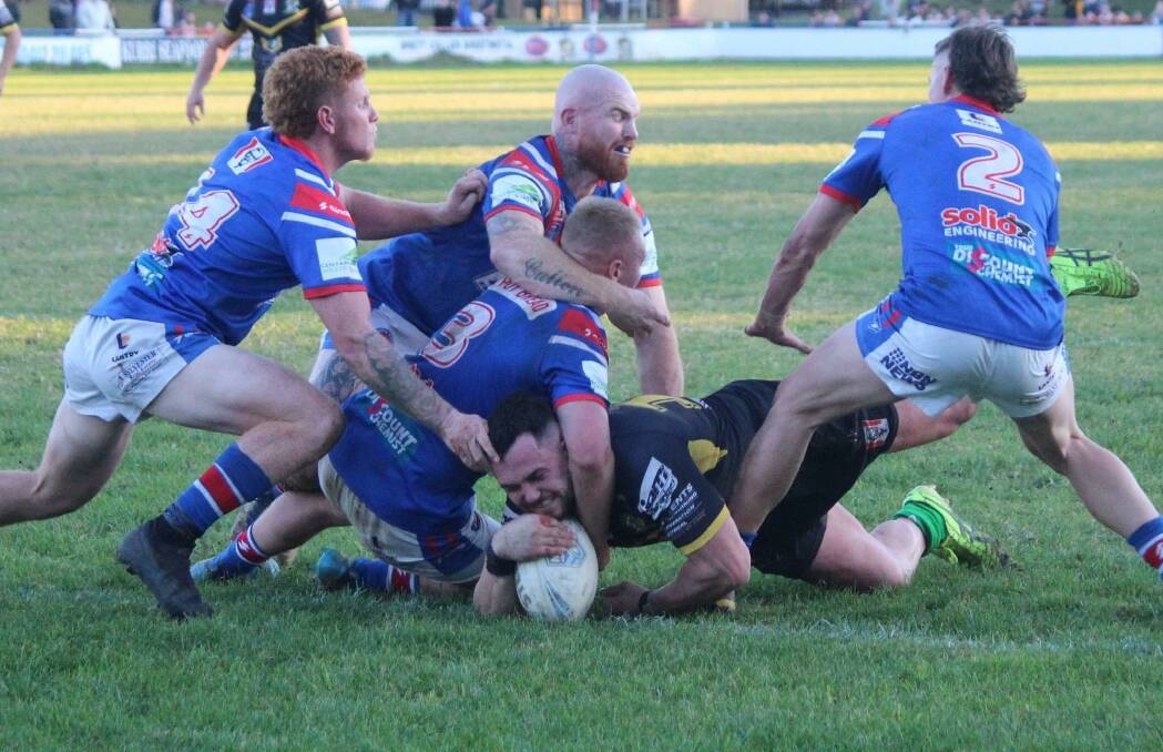 BIG SCORE: Jayden Young crosses for a try in the Goannas 50-0 win against Kurri Kurri. Picture: Fiona Wallace