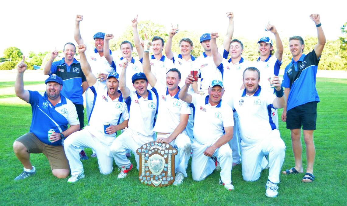 CESSNOCK CHAMPS: The Greta/Branxton Blues celebrate their grand final win over Bellbird at East End Oval. Picture: Krystal Sellars
