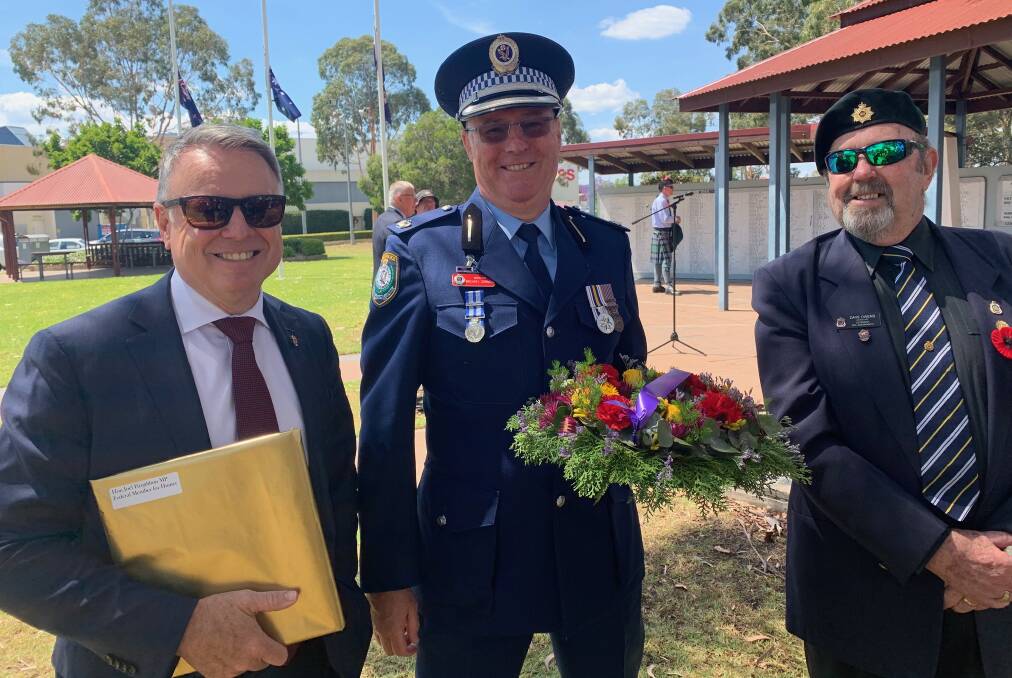 Member for Hunter, Joel Fitzgibbon; Chief Inspector Michael Gorman, representing Cessnock Police, and Cessnock RSL Sub-branch secretary Dave Owens at Cessnock's Remembrance Day service on Monday.