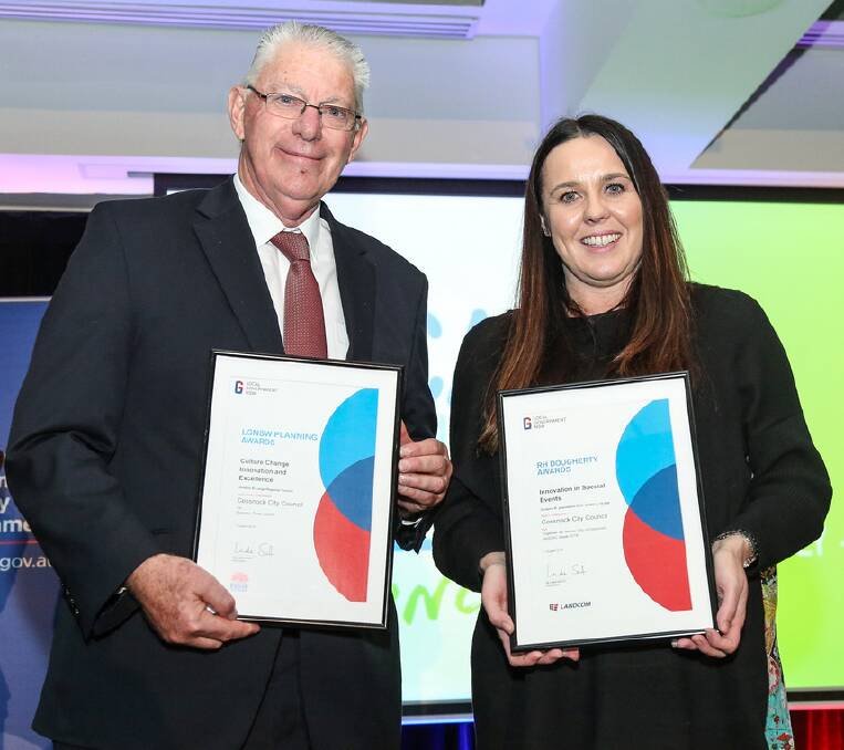 SUCCESS: Cessnock mayor Bob Pynsent and councils community and cultural engagement manager Natalie Drage at the Local Government NSW awards.