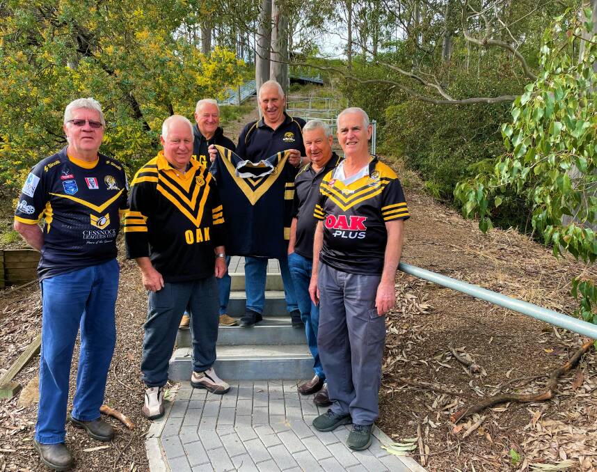 CHAMPS: 1972 Goannas and committee members Glenn Goodwin, Doug Clark, Merv McLennan, David White, Michael Goldman and Dennis Moore at the Convent Hill steps, where captain-coach Norm Henderson put the side through their paces every training session. Picture: Krystal Sellars