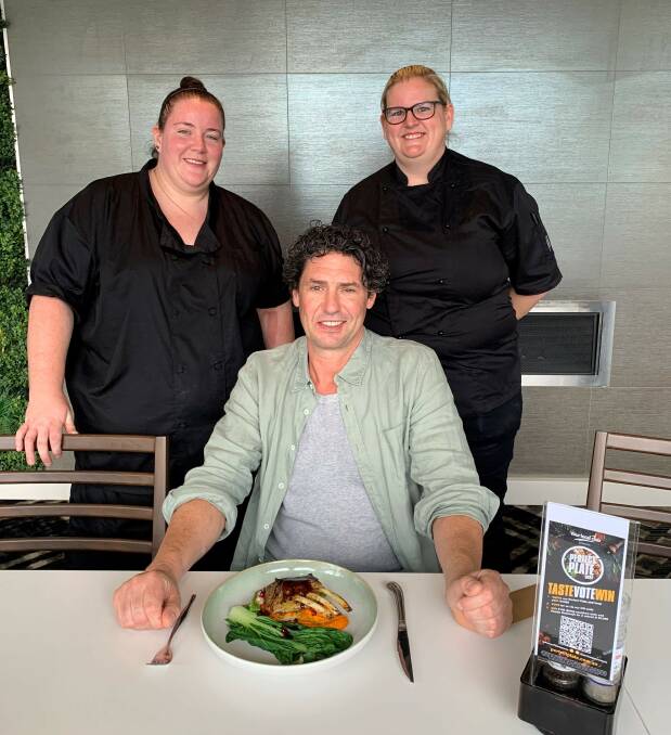 'COMPETITIVE': Colin Fassnidge with Cessnock Leagues Club chefs Ashleigh Hedger and Elisabeth Annand.