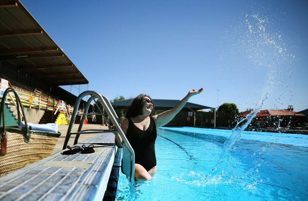 FUN: Cessnock councillor Di Fitzgibbon at Cessnock Pool after her successful motion for free entry on Sundays during the summer holidays. Picture: Marina Neil
