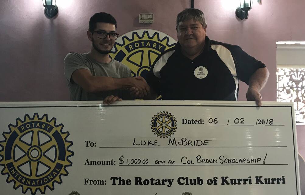 Luke McBride was one of two inaugural Col Brown Memorial Scholarship recipients. He is pictured with Kurri Kurri Rotary Club president Paul Hughes.