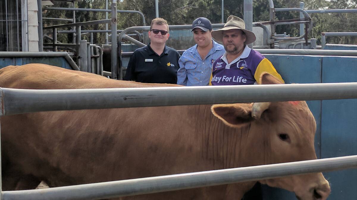 RECORD SALE: Clint Ekert from the Cancer Council, Michael Easey from Bowe and Lidbury and Geoff Payne from Cessnock Relay For Life team 'The Odd Squad', with Sam the Steer, who was auctioned to raise funds for the team.